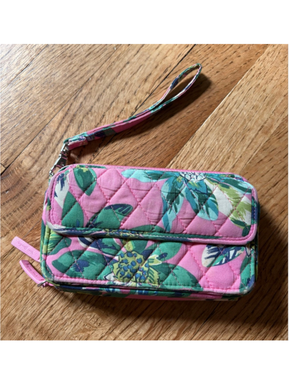 Vera Bradley All-In-One Crossbody Wallet - Pink and Green Quilted Fabric Compact